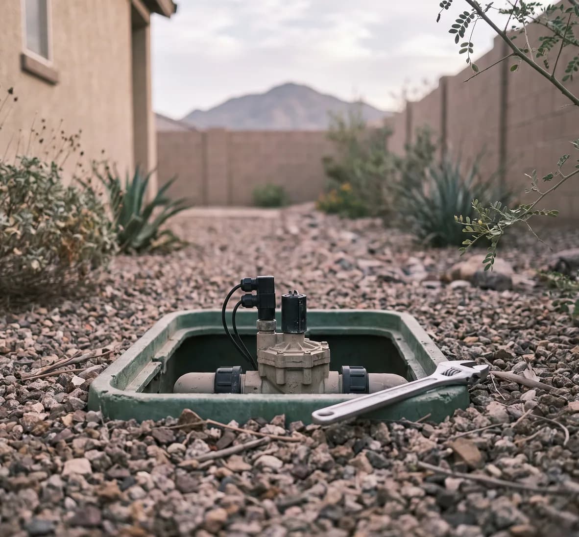 Irrigation solenoid on a valve body inside a valve box with waterproof wire connectors and a small wrench