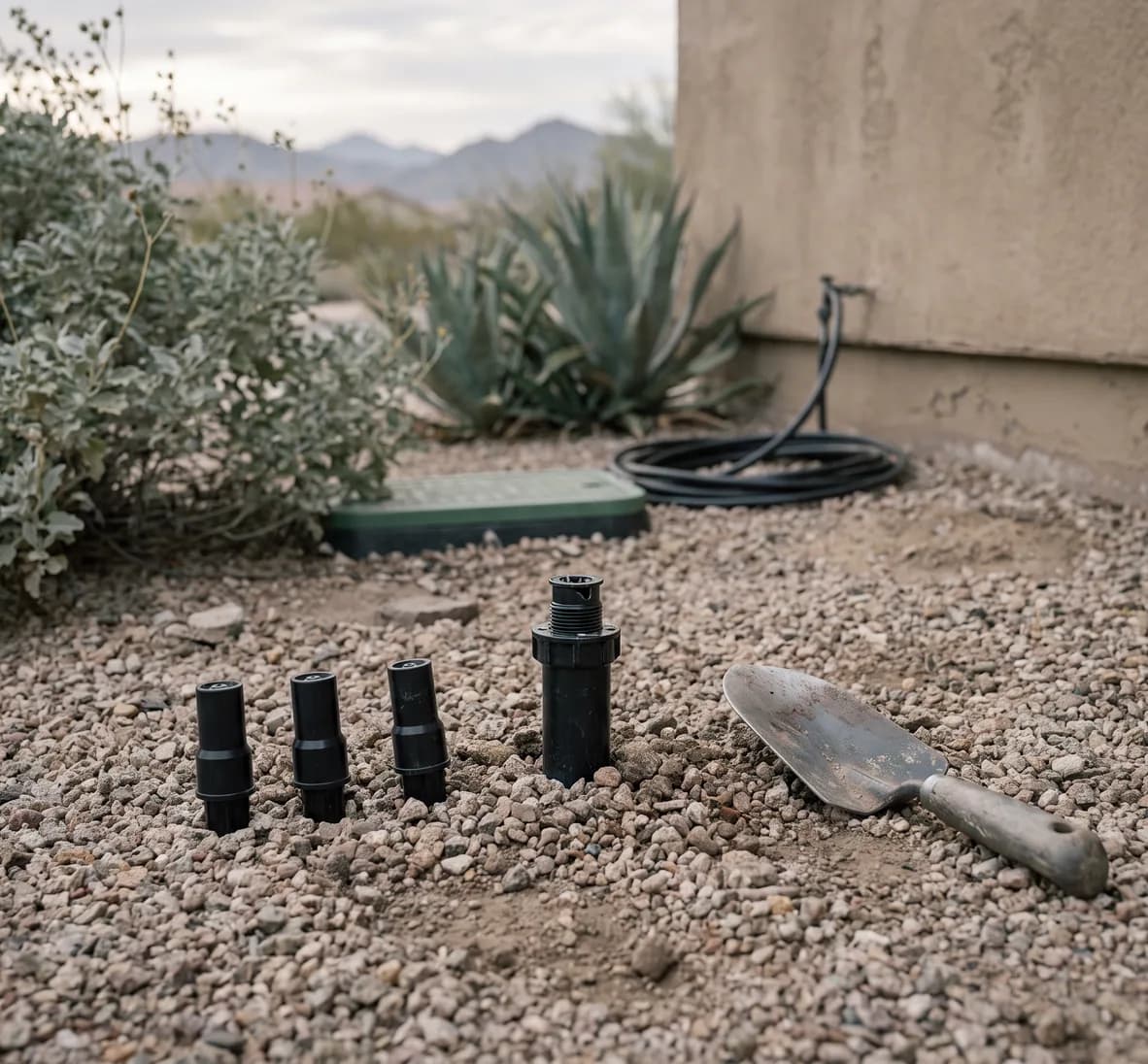 Three new sprinkler nozzles and a pop-up body laid on gravel beside a small hand tool