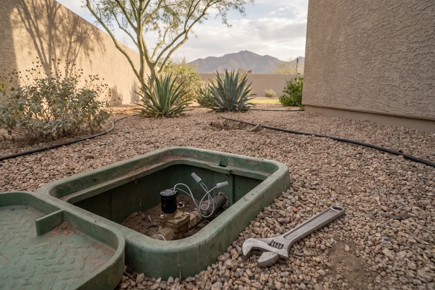 Open irrigation valve box in a desert yard showing a valve with its solenoid and wiring, with a wrench resting on the gravel
