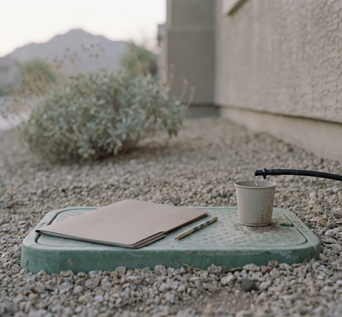 Closed folder and a pencil on a green valve-box lid beside a drip line, with a small plain cup catching a slow drip from a single emitter