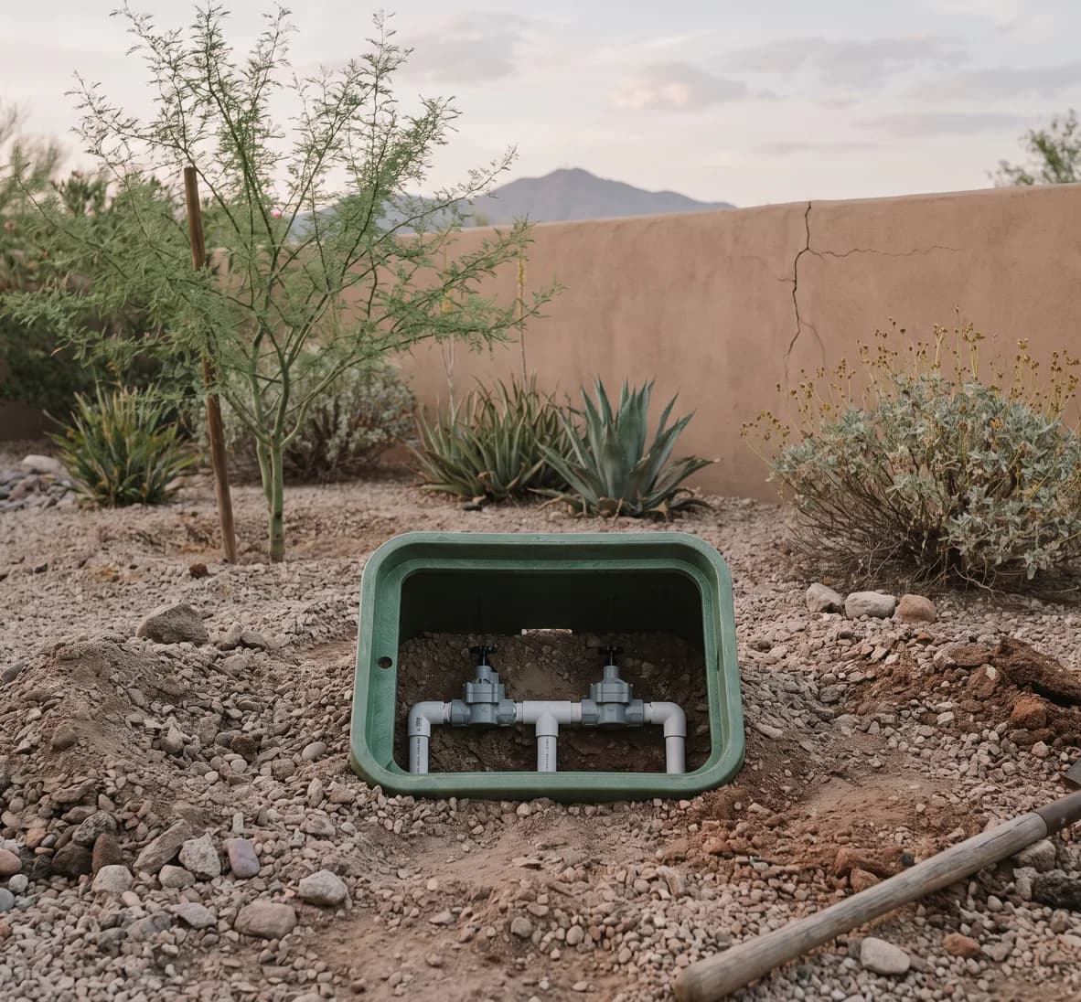 Freshly connected white PVC manifold with two valves inside a new valve box surrounded by gravel and spoil
