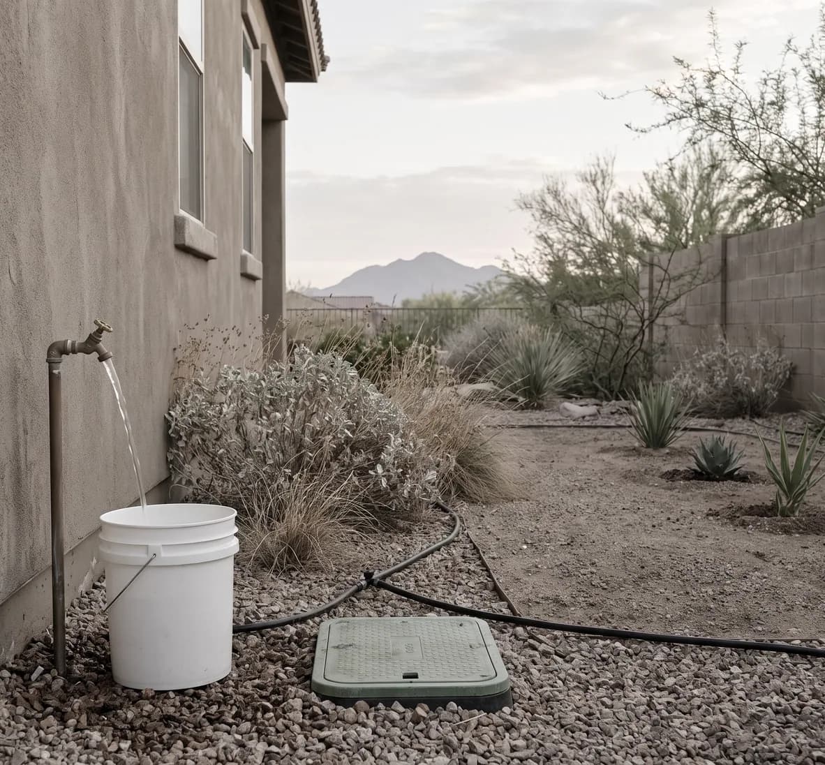Brass hose bib running water into a plain bucket on gravel beside an established drip-fed bed, with a newly planted bed beyond that has no irrigation line yet