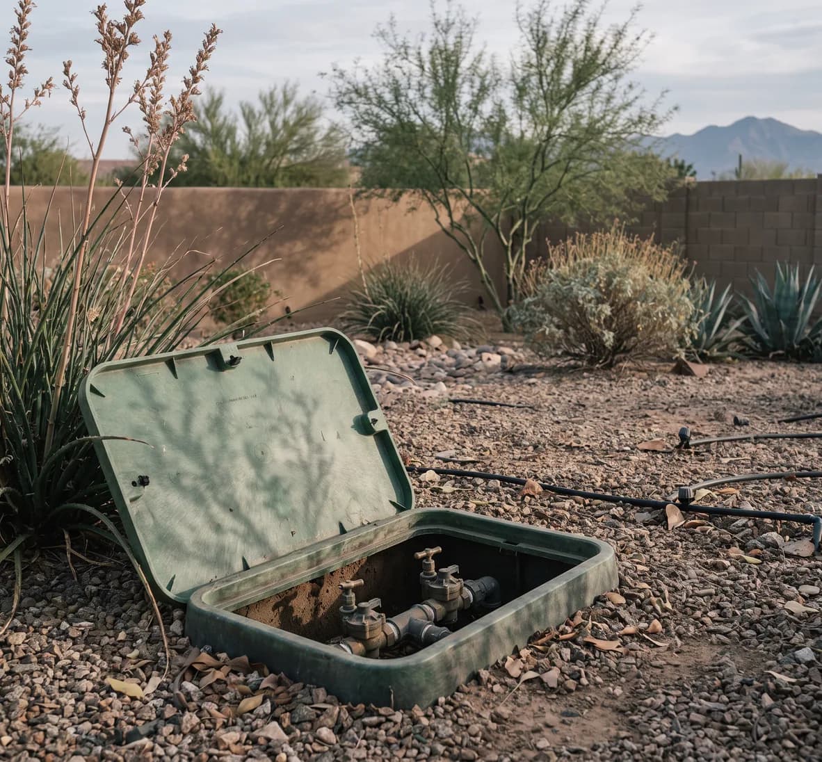 Valve box lid lifted aside on gravel showing two valves and a clean manifold with a red yucca shadow across it