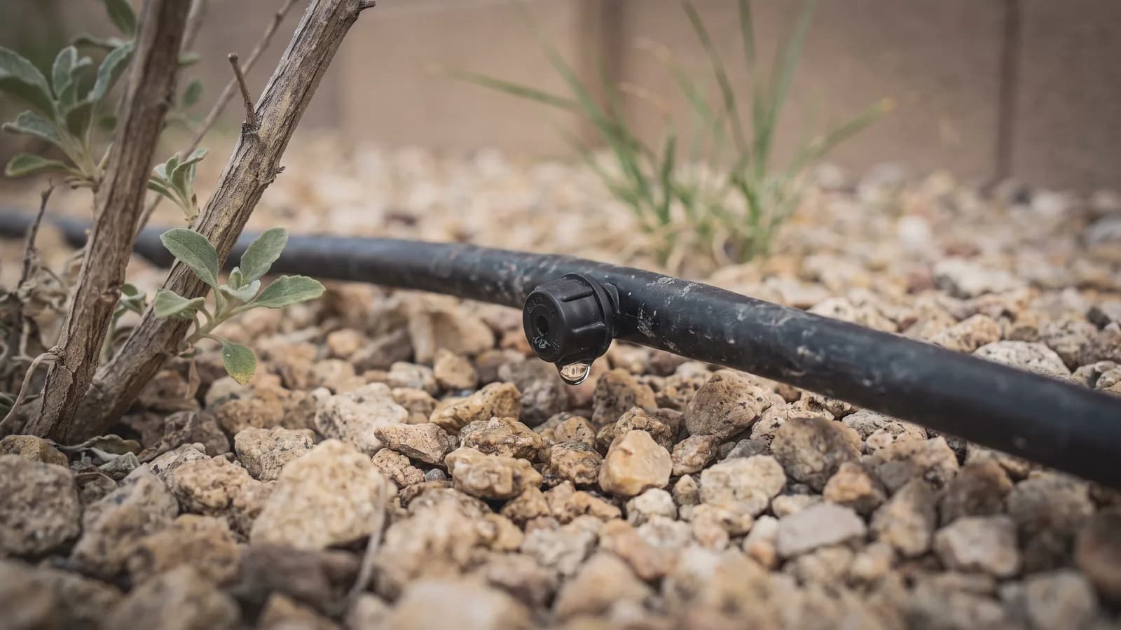Macro view of a black button emitter on drip tubing lying on gravel with a water droplet forming at the emitter