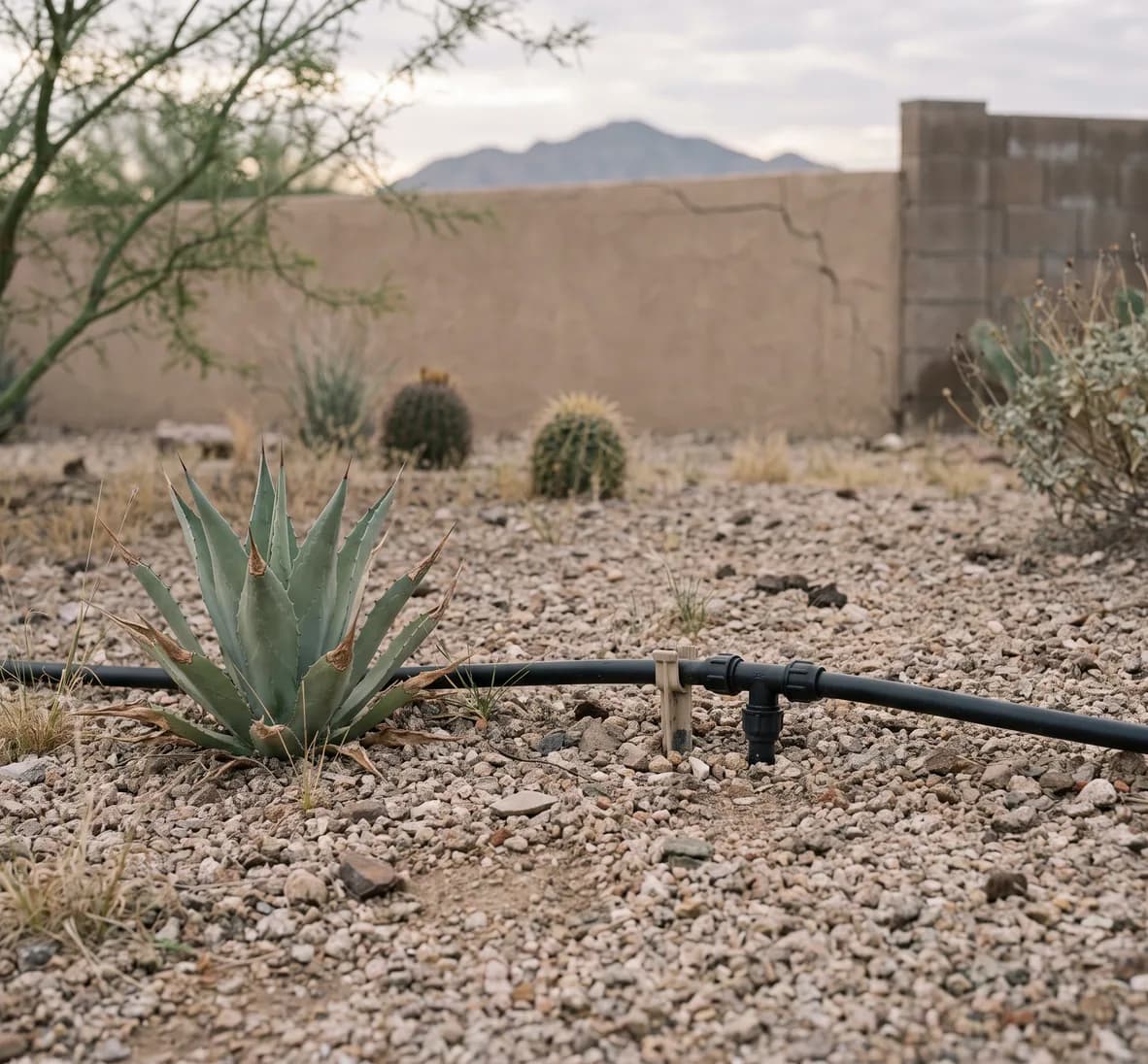 Drip-line tee fitting joining two runs of black tubing on gravel beside a young agave