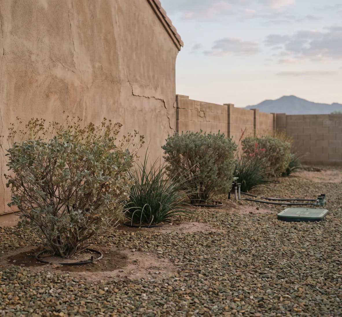 Row of desert shrubs in a gravel bed with a small dark wet circle at the base of each from drip emitters