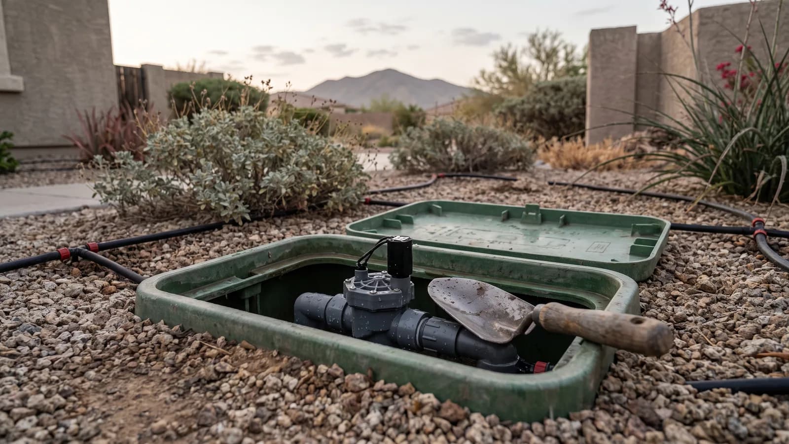 Open irrigation valve box in desert gravel with droplets on the valve and solenoid and a hand tool nearby