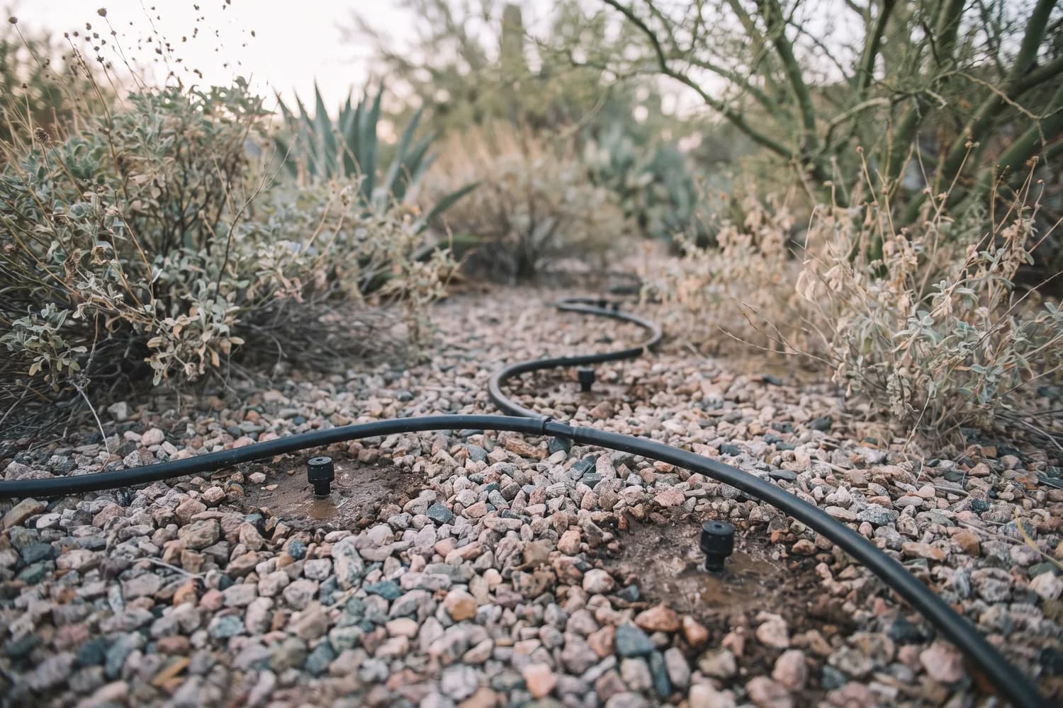 Black drip tubing and button emitters winding among native shrubs in a gravel bed, with damp circles at each emitter
