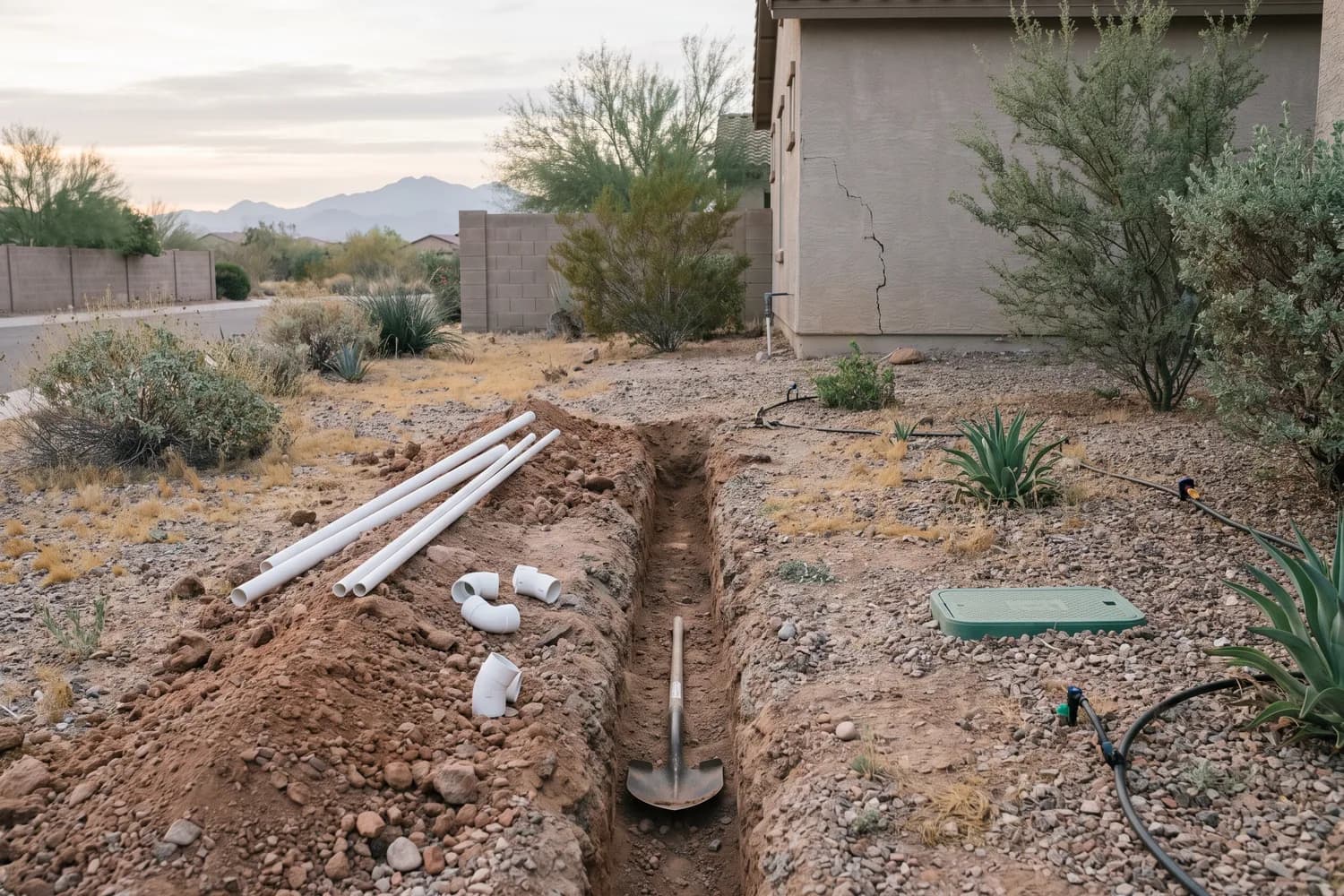 Freshly dug trench in a gravel yard with white PVC pipe and fittings laid on the spoil and a shovel resting in the trench