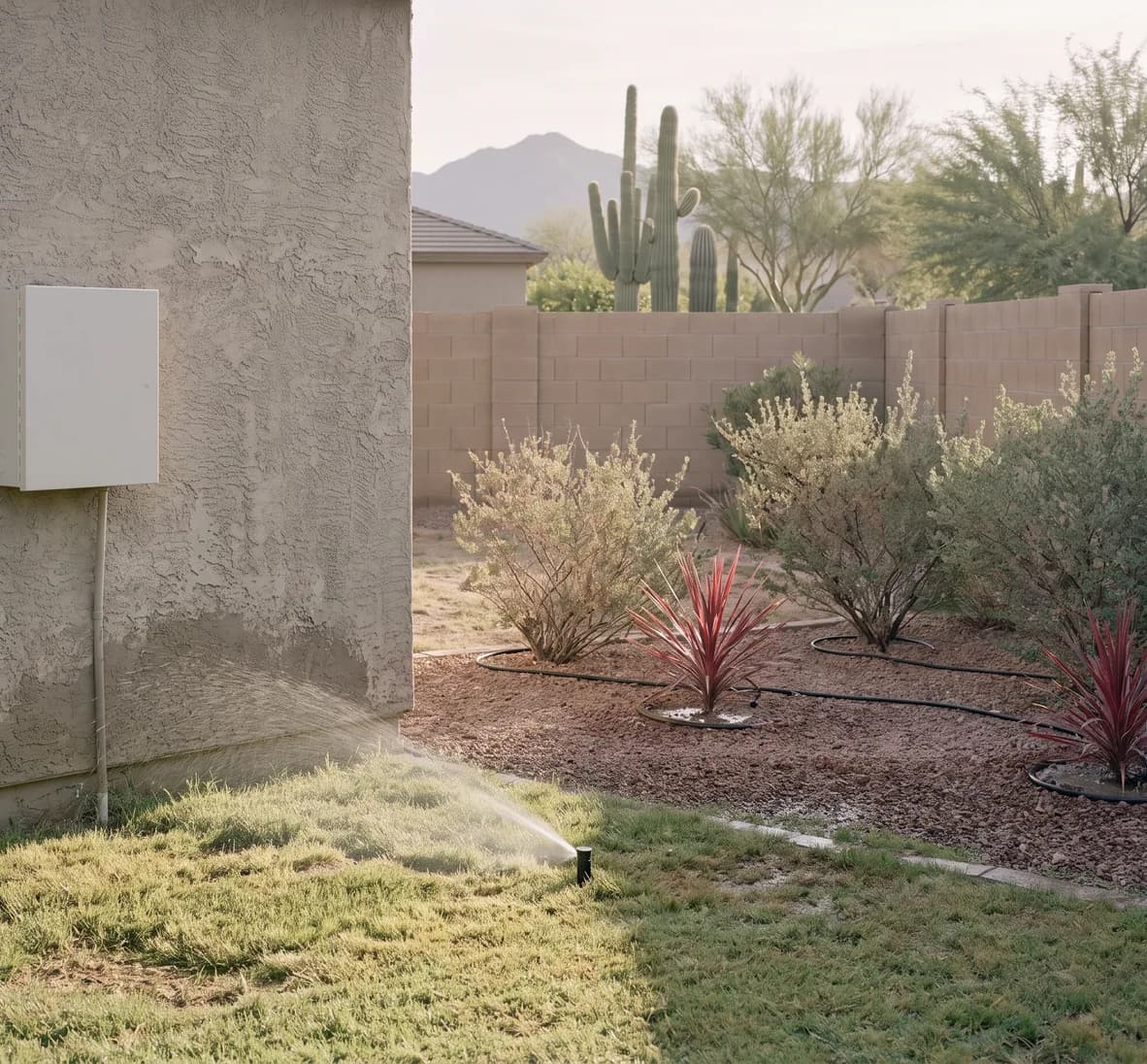 Side yard with a sunlit turf strip under a running spray head beside a shaded gravel bed on drip line, below a closed white controller on a stucco wall