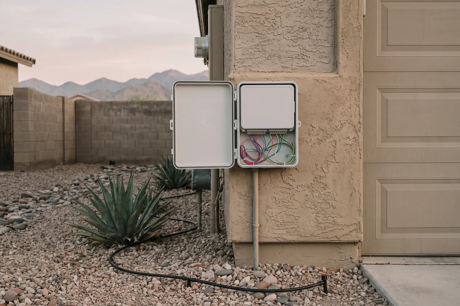 Slim white smart irrigation controller on a stucco garage wall with its cover open, showing zone wiring into a terminal strip