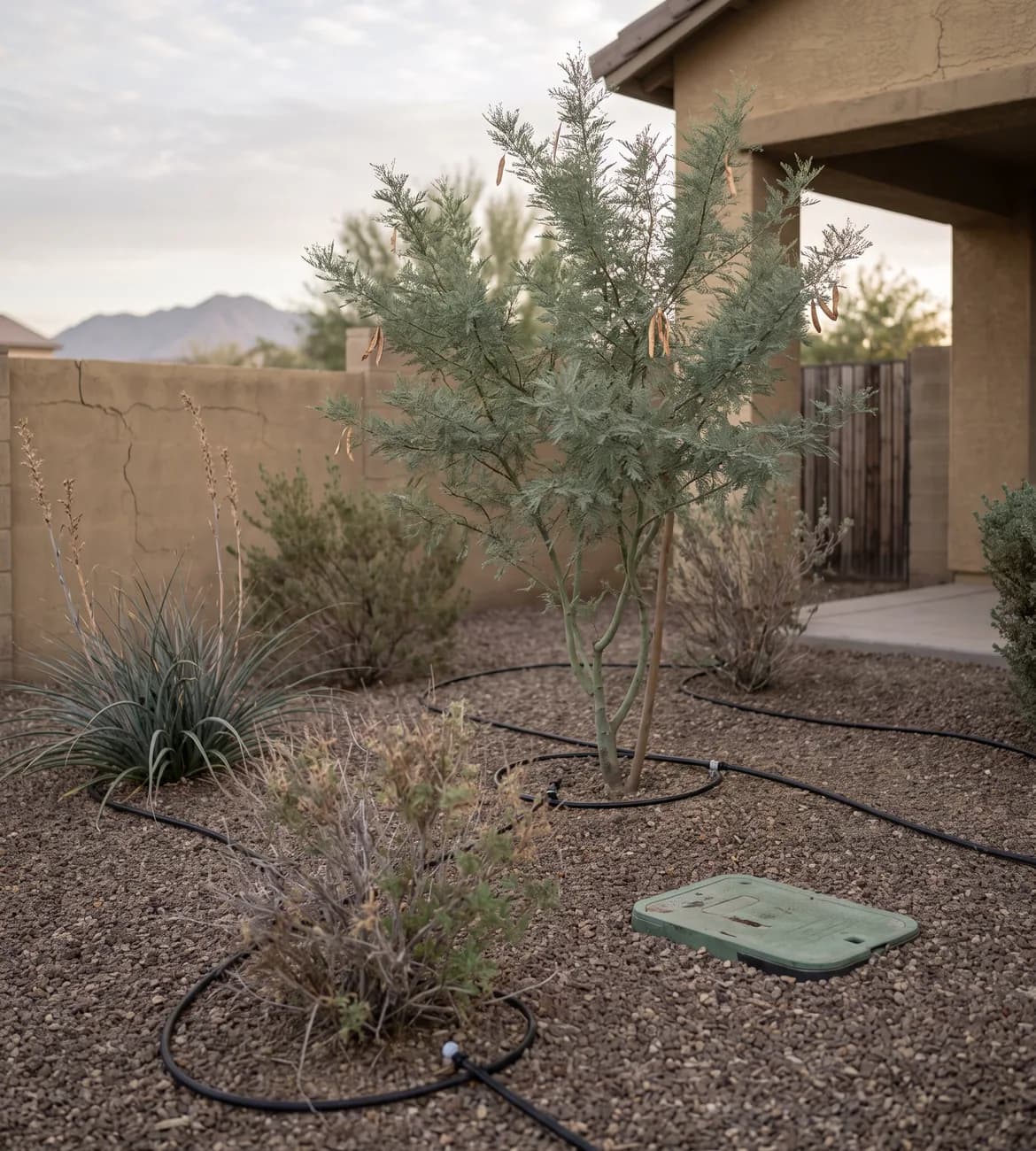 Drip tubing laid through a gravel courtyard yard with native shrubs and a young palo verde beside a stucco wall in Glendale