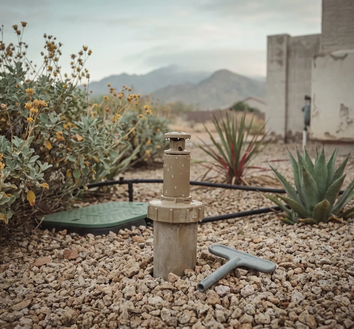Rotor sprinkler head with an adjustment tool resting beside it on gravel and desert shrubs behind