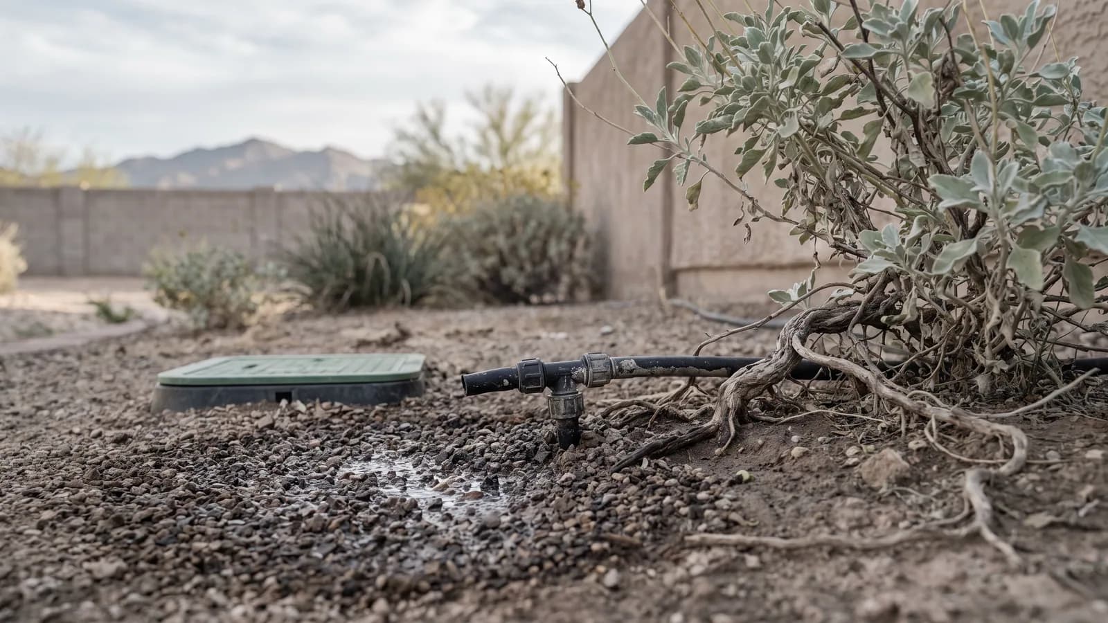 Small dark damp patch beside a drip-line joint in desert gravel near sage shrub roots