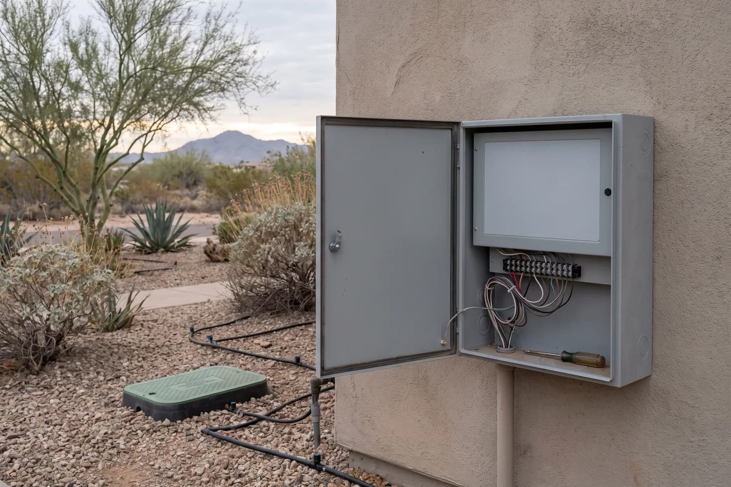Grey irrigation controller enclosure on a stucco wall with its cover open, showing zone wiring and a terminal block