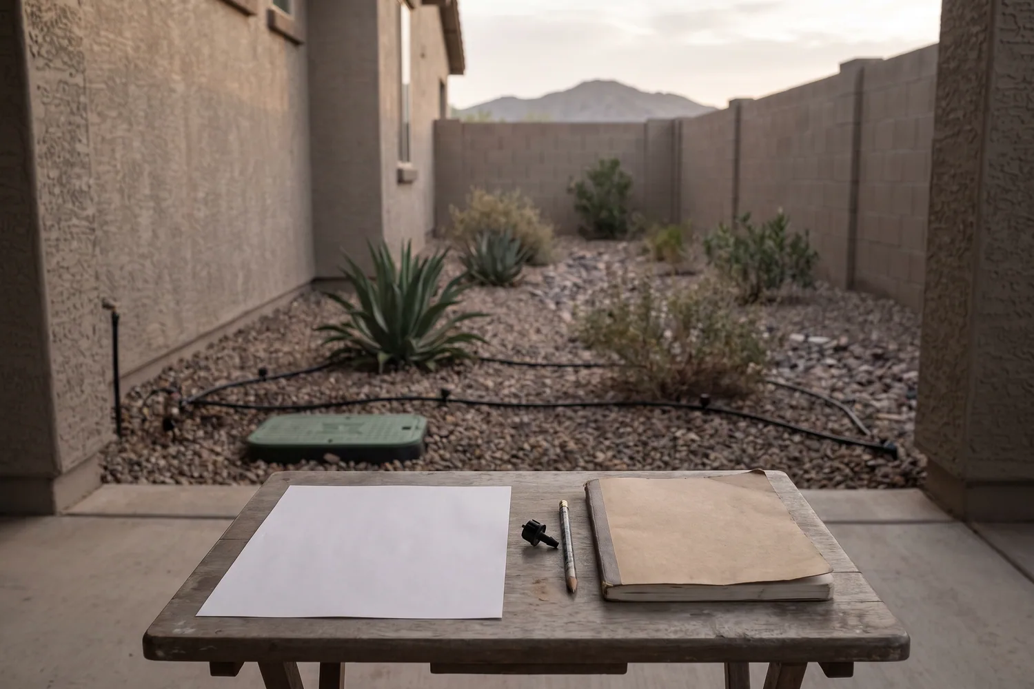 Blank sheet of paper, a closed notebook, a pencil and a drip emitter on a shaded patio table in Glendale