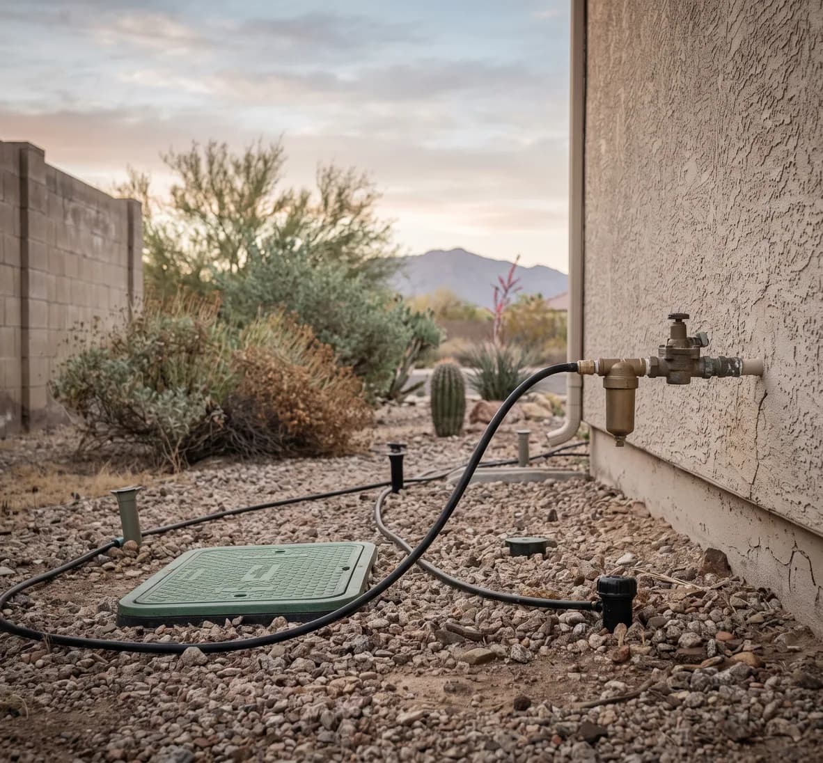 Small drip filter and pressure regulator at the start of a drip line beside a brass valve against gravel and a stucco wall