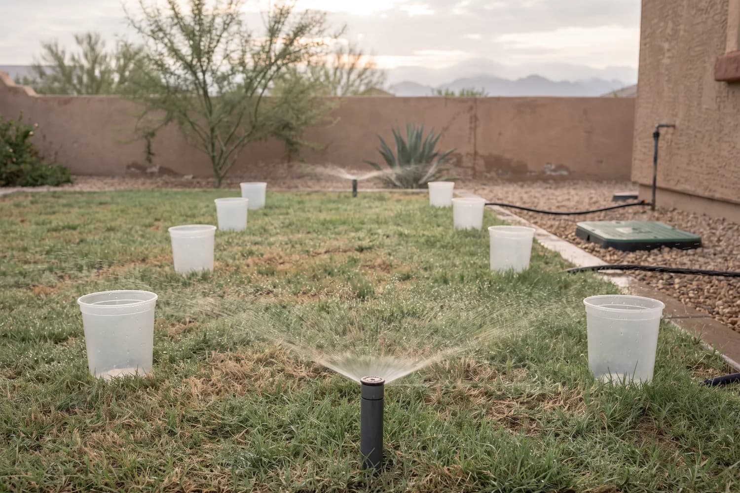 Plain catch cups set in a grid across a small bermuda lawn at dawn with a pop-up spray head running over them