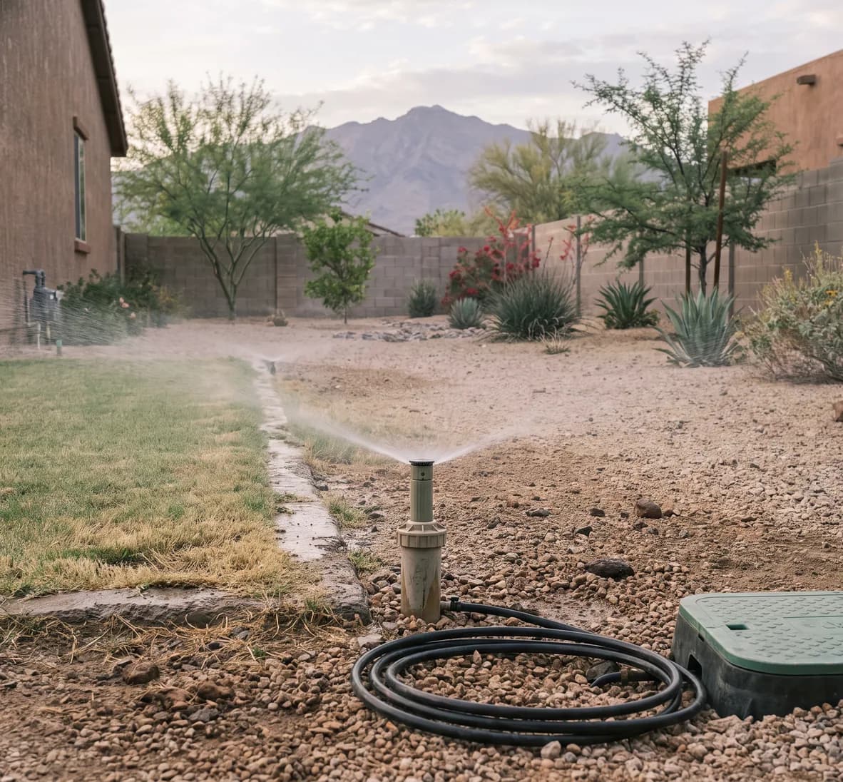 Pop-up spray head at a gravel edge misting a low even fan of water at dawn
