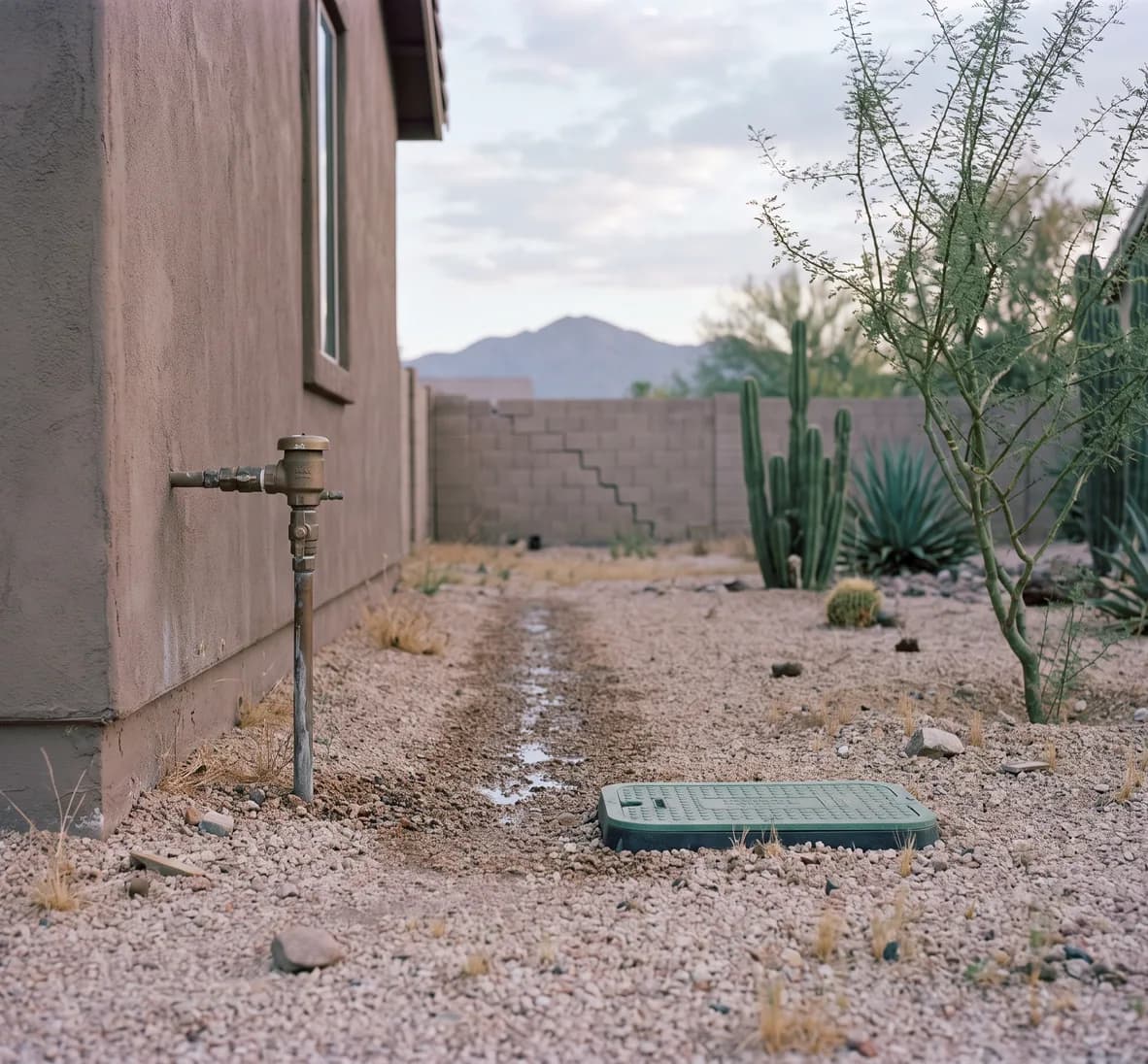 Front yard at dawn with dry retracted sprinkler heads and one dark damp seep line in the gravel running from a brass backflow assembly to a valve-box lid