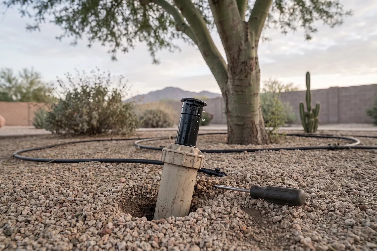 Lifted pop-up sprinkler body and rotor head on gravel beside the hole it came from, with a screwdriver alongside