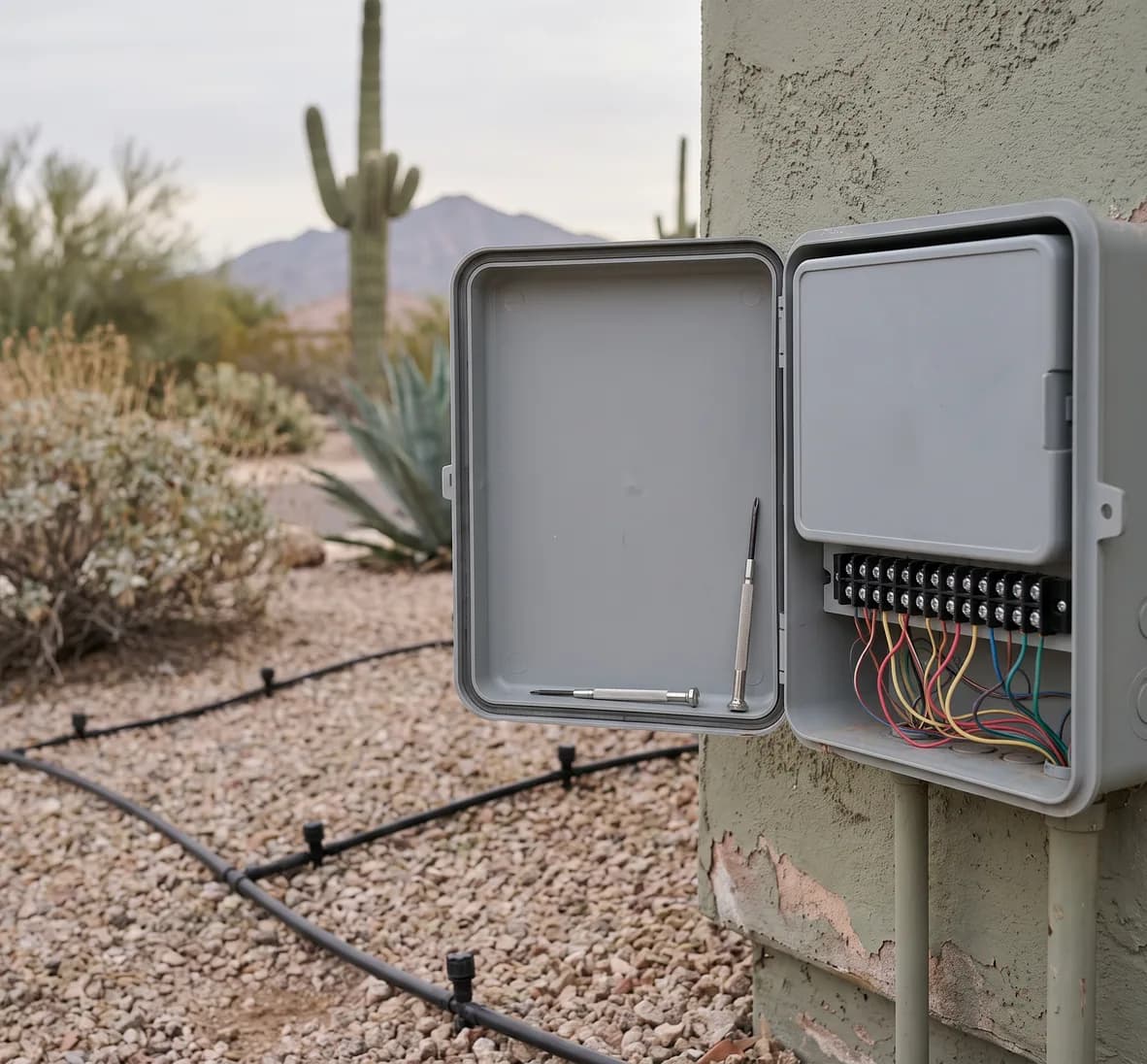 Inside of a grey irrigation controller with a blank control face and a neat row of zone wire terminals