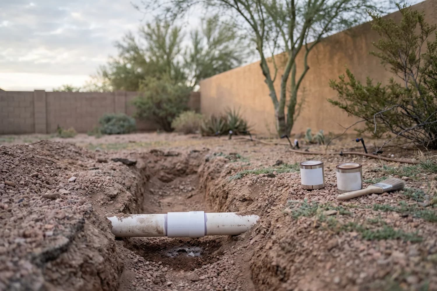 Open trench in gravel exposing a white PVC mainline with a cut-in coupling, with two plain cans and a brush beside it