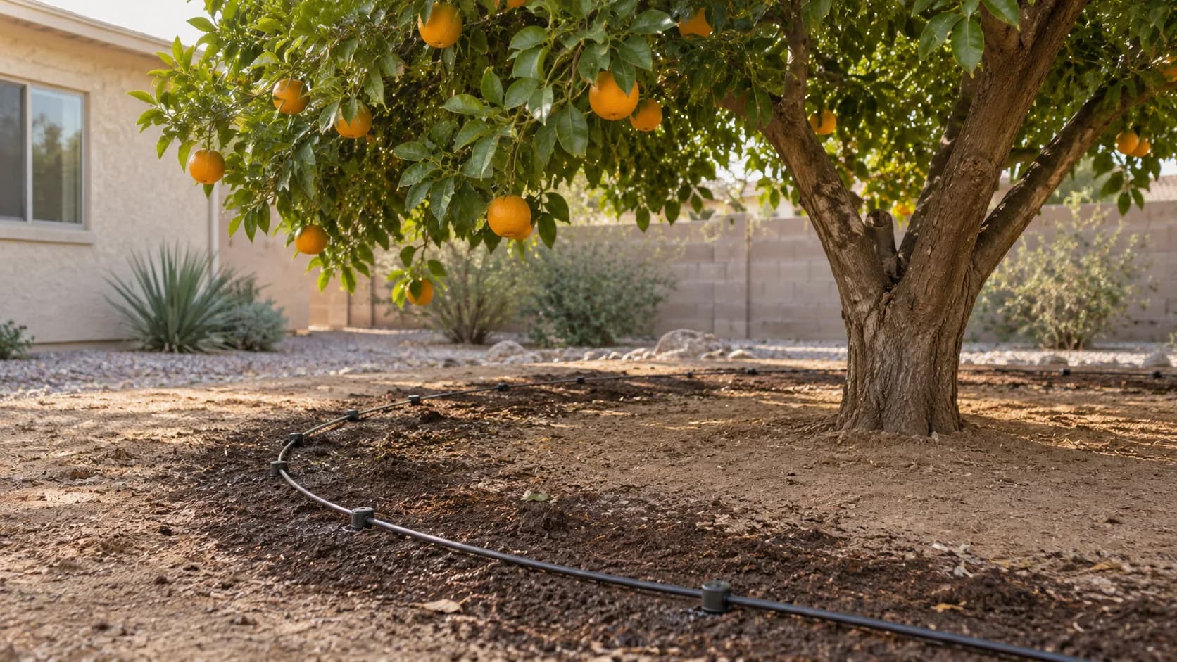 Illustration of a mature citrus tree with drip irrigation near its canopy edge in a Glendale yard.