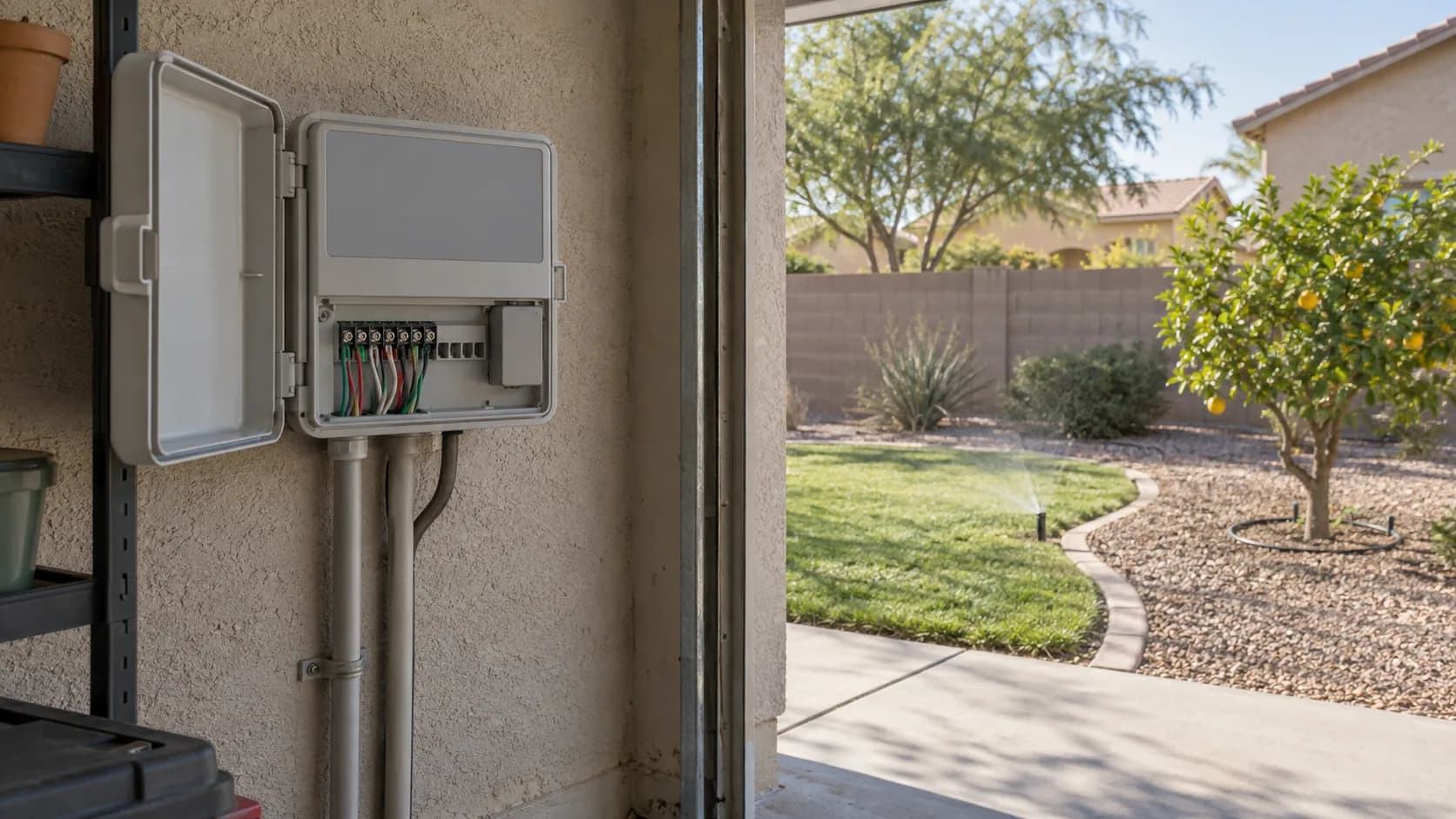 An open irrigation controller with connected station wires beside a yard with separate lawn and citrus tree watering zones.
