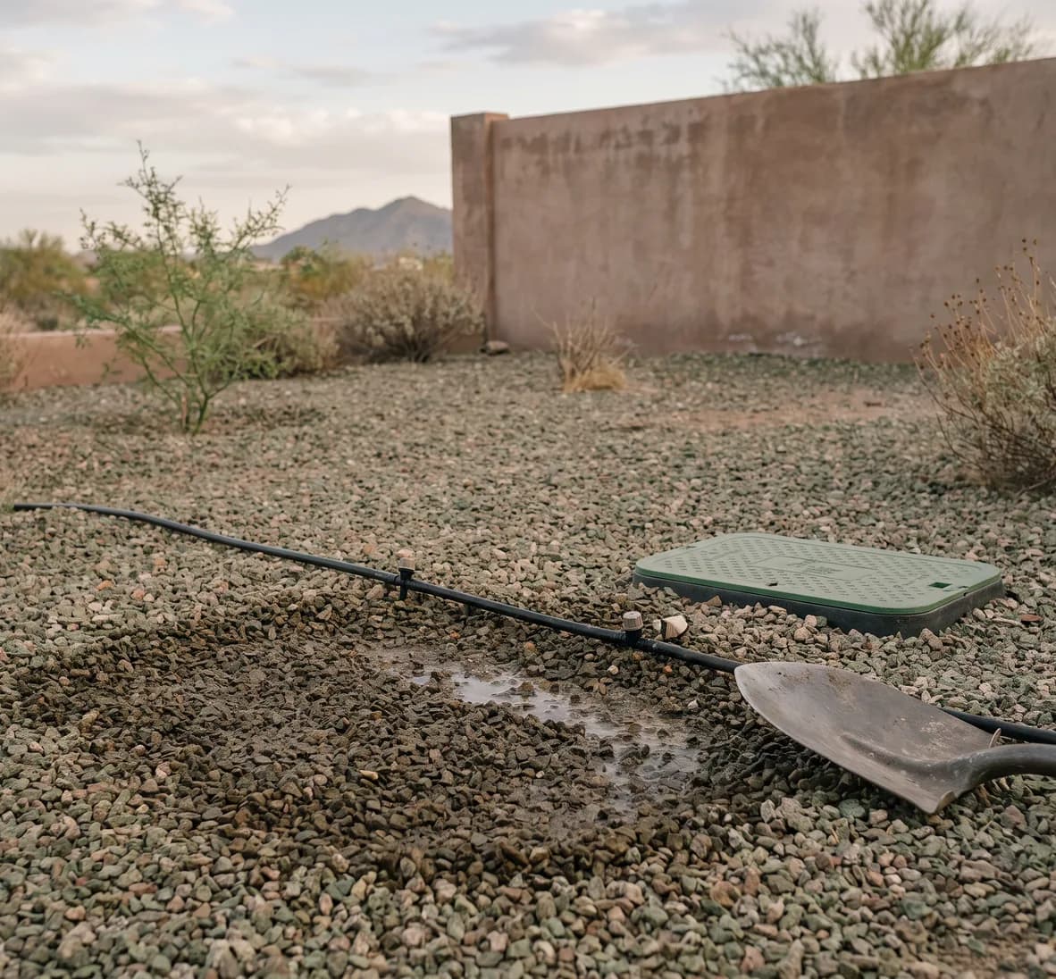 Patch of darker damp gravel in a dry yard beside a drip line with a small shovel blade at its edge
