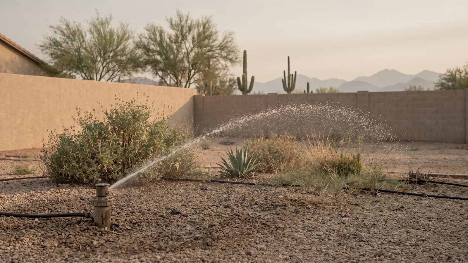 Rotor sprinkler head in gravel throwing an uneven low arc of water across desert planting in soft backlight