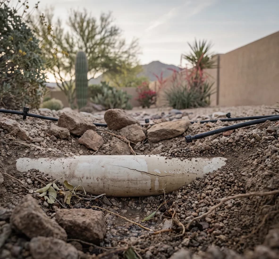 Hairline crack in a white PVC pipe exposed in a shallow pocket of damp gravel