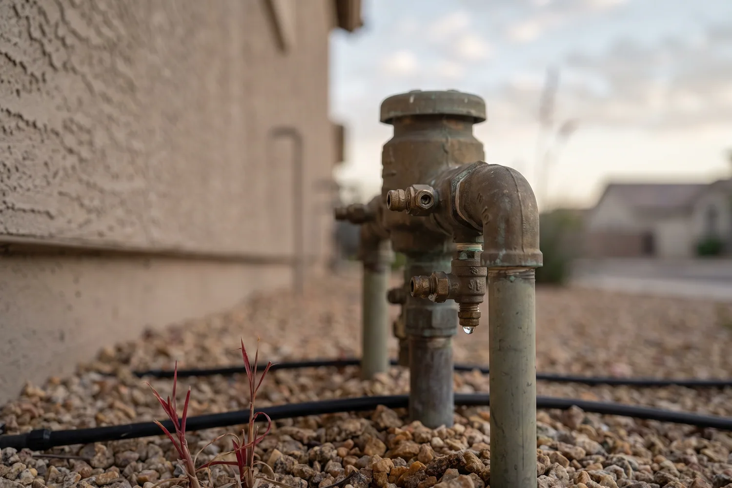 Brass backflow preventer assembly on riser pipes beside a stucco wall, with its test cocks visible and water droplets beneath them