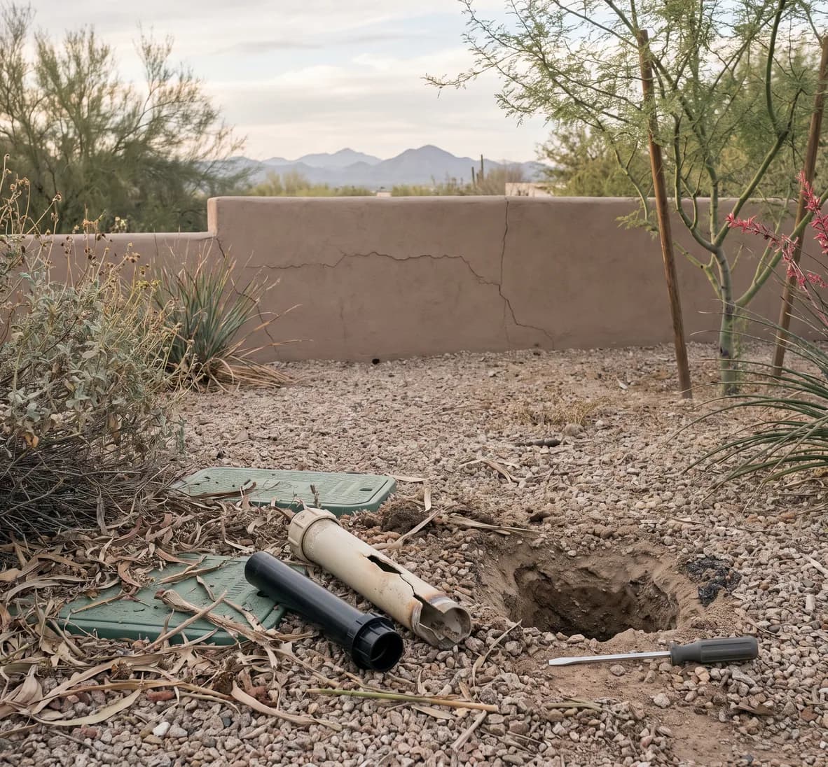 Cracked pop-up sprinkler riser laid on gravel next to a new riser beside the open hole