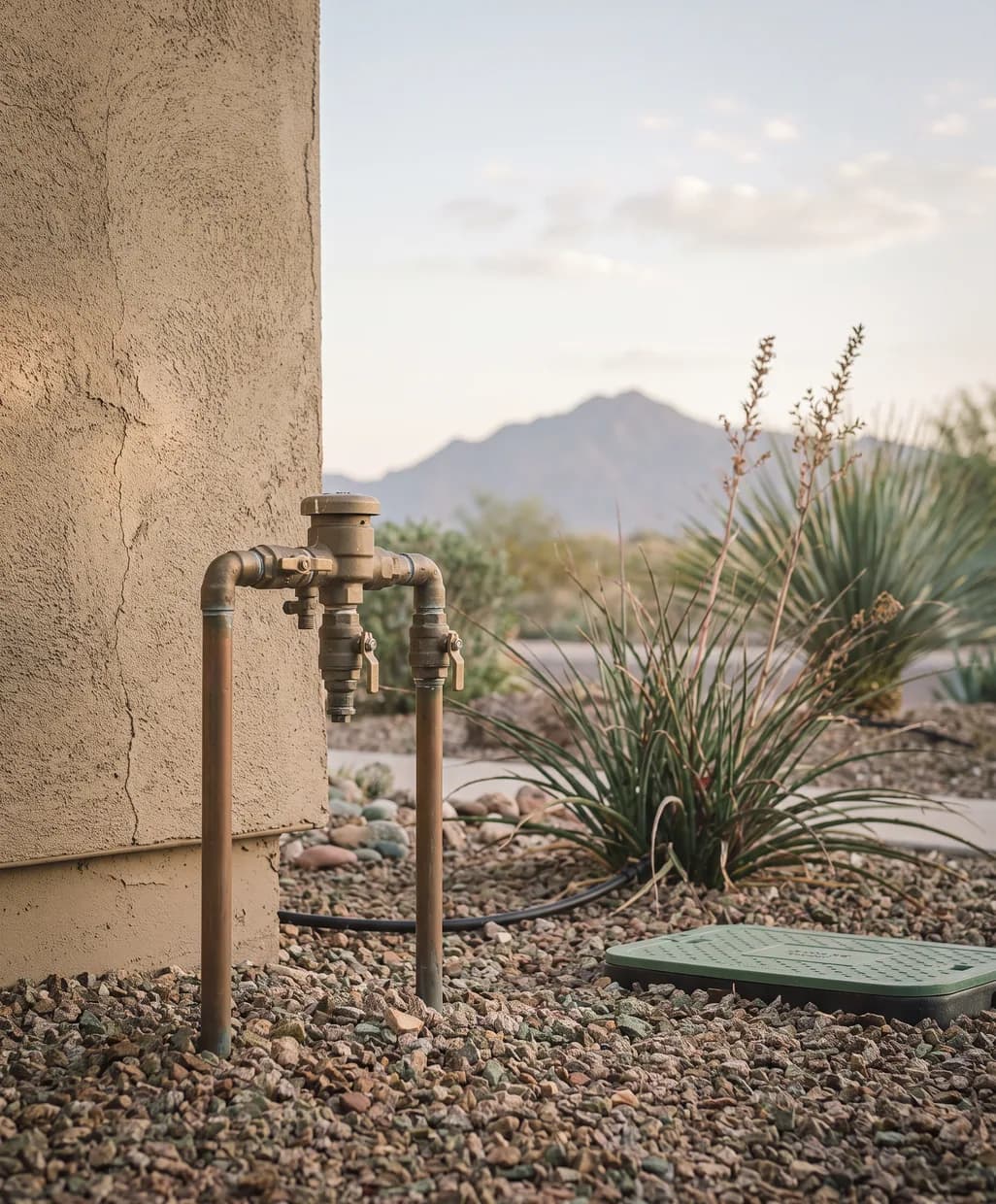 Brass backflow preventer assembly and shut-off valves rising from gravel beside a stucco wall in Glendale
