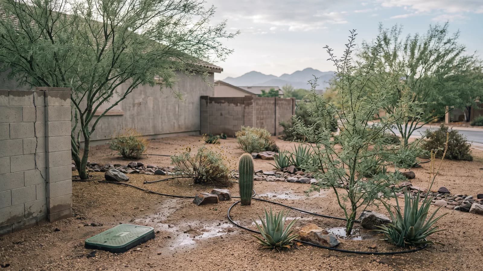 Desert garden after a light monsoon shower with damp gravel, water beads on palo verde leaves and drip tubing among native plants