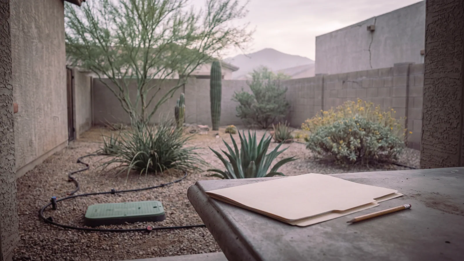 Water-wise desert courtyard with drought-adapted plants and a drip line, with a closed folder and a pencil on a shaded table in front