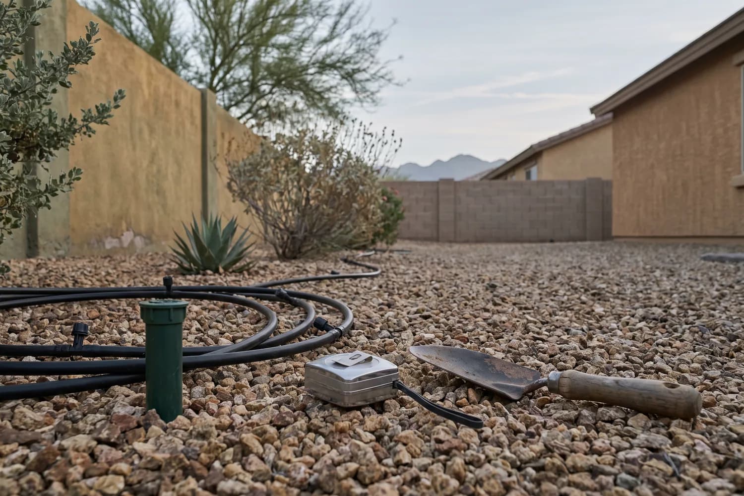 Drip tubing, a pop-up spray head, a tape measure and a trowel on gravel in a Glendale yard