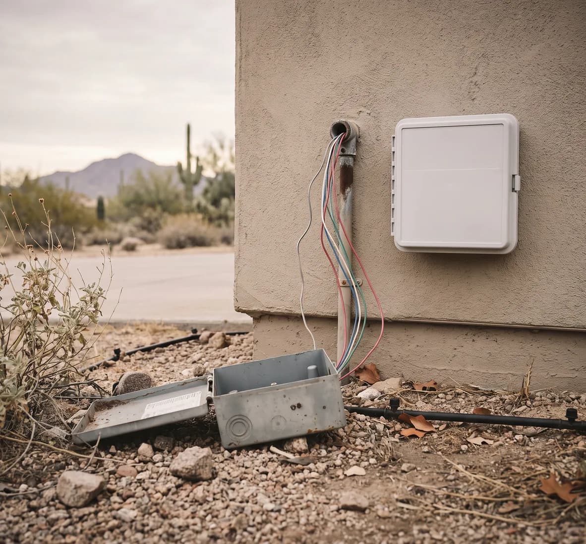 Old grey timer enclosure set face-down on gravel below a bundle of zone wires hanging from a conduit, beside a slim new white controller on a stucco wall