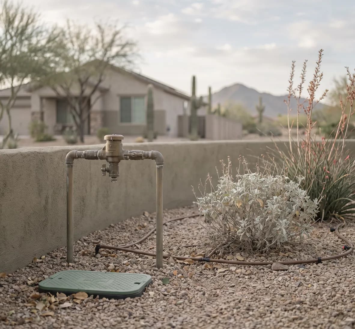Brass backflow preventer assembly on riser pipes at the front edge of a gravel yard, between the supply side and the yard side, with desert planting and a stucco home behind