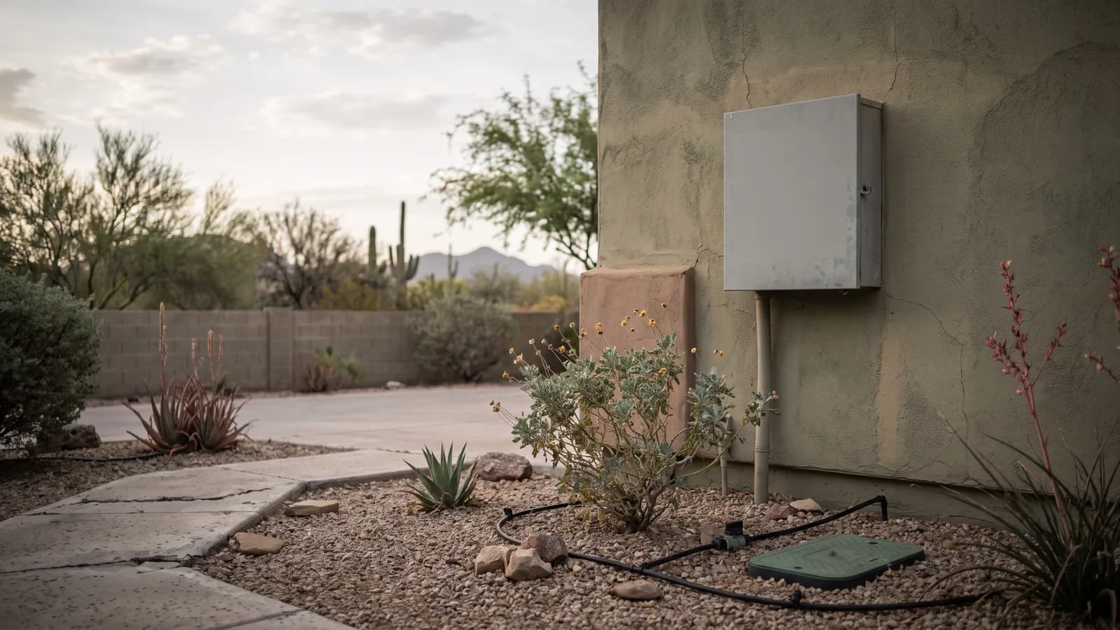 Grey irrigation controller enclosure with a blank cover mounted beside a stucco courtyard and desert garden at dawn