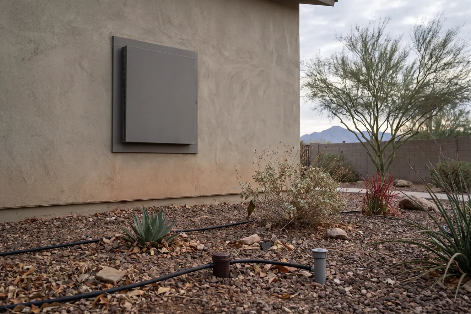 Grey irrigation controller enclosure on a wall above a planted gravel bed with drip tubing and a pop-up spray head at dawn