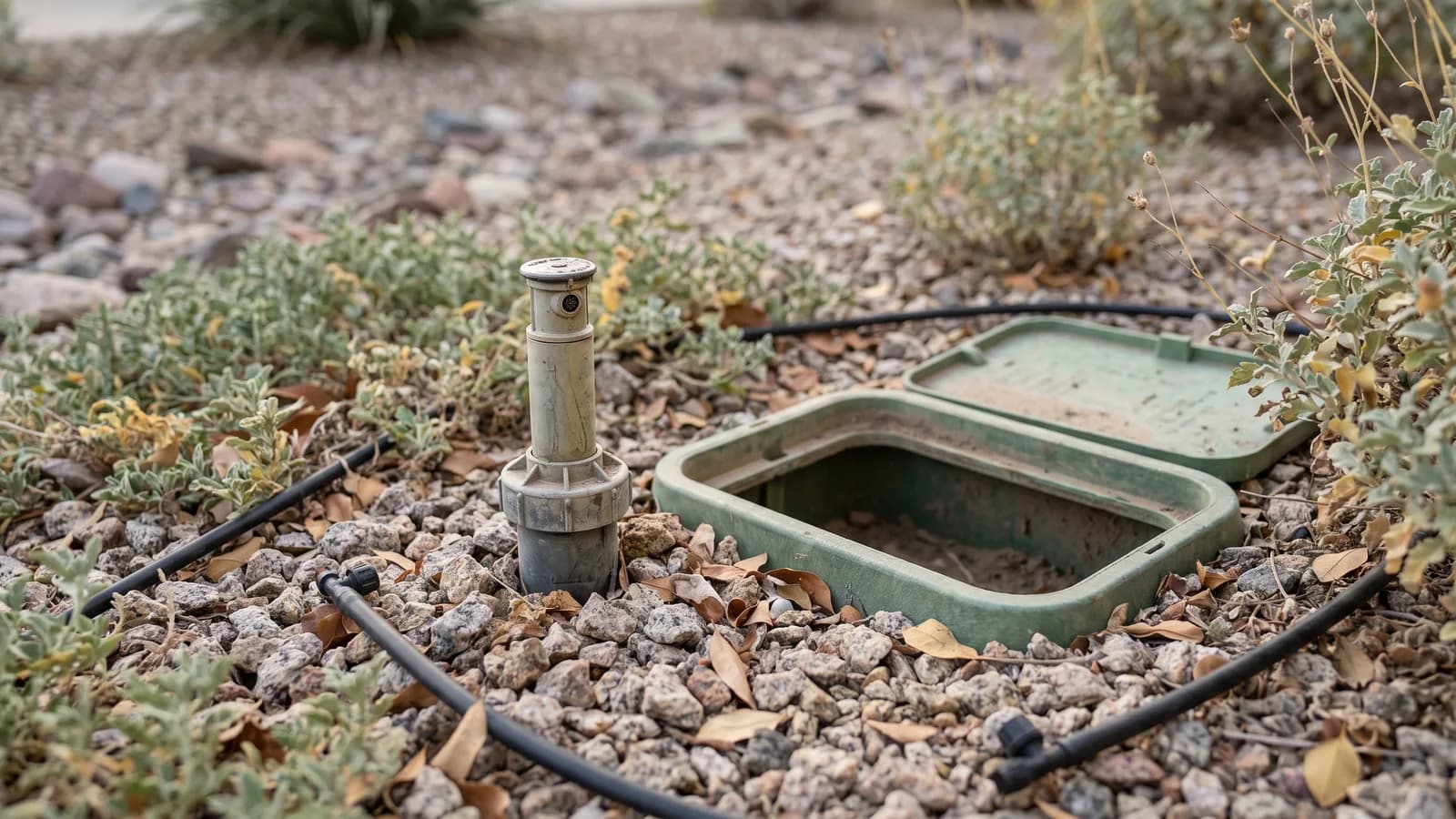 Dry pop-up sprinkler head beside an open valve box in desert gravel