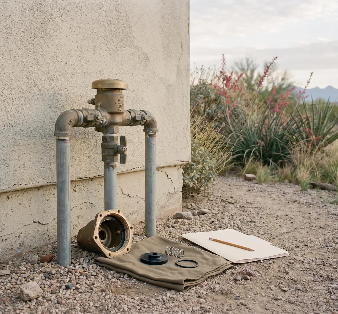 Brass backflow assembly with its bonnet removed and set on the gravel, beside a cloth holding a new check disc, spring and seal and a plain closed folder