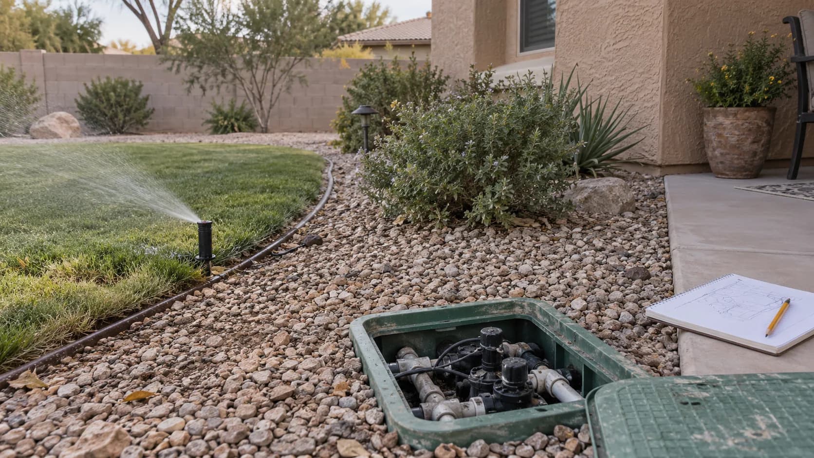 An open irrigation valve box beside a lawn spray head in a residential yard, with a small zone sketch on the patio.