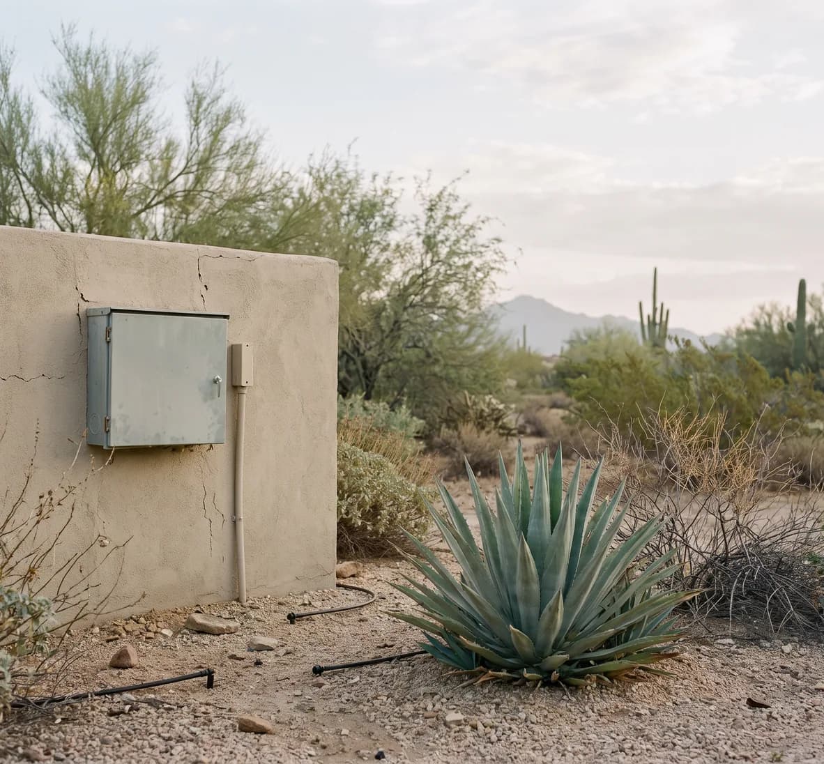 Closed grey irrigation controller enclosure on a stucco wall beside a conduit, above a gravel bed with an agave