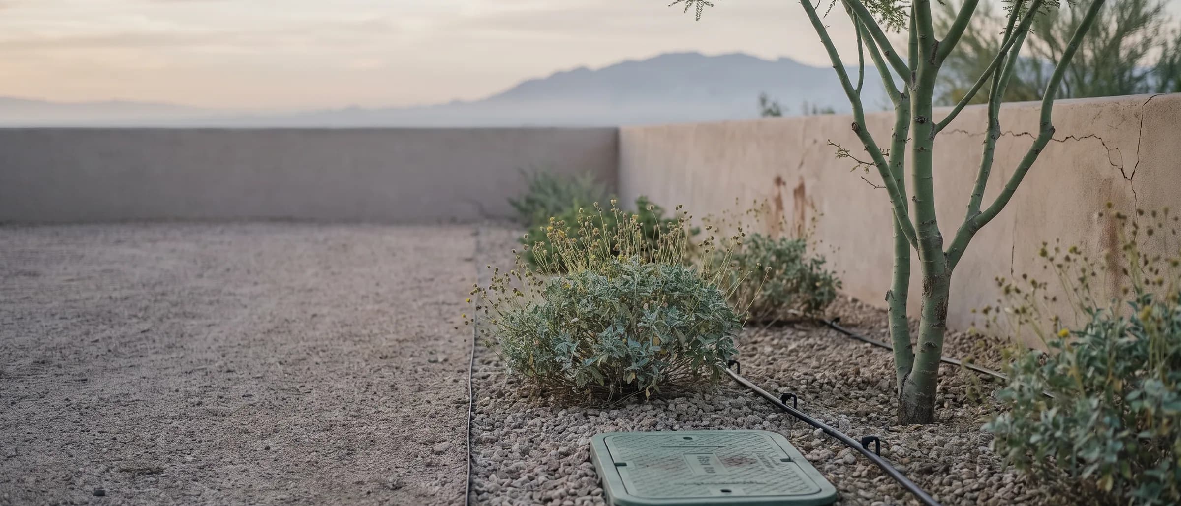 Drip irrigation line running through a gravel front yard in Glendale, Arizona at dawn, with a valve box lid, brittlebush and a young palo verde beside a stucco wall