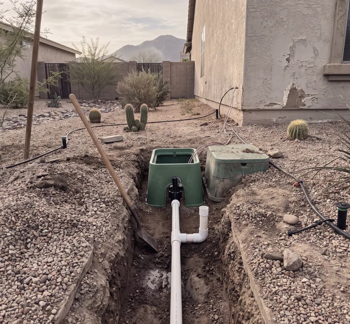 Open trench showing a new tee on a white PVC mainline rising into a new valve box beside an existing one, with a new valve, solenoid and wires inside