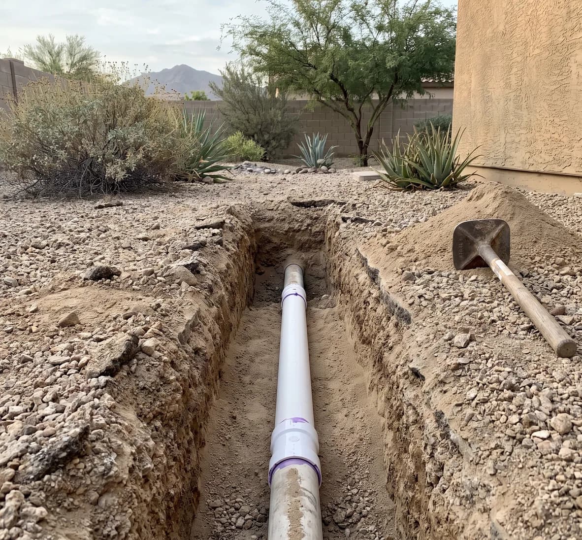 Freshly cemented white PVC pipe section with two couplings resting on bedded soil in an open trench, with backfill soil and a hand tamper beside it