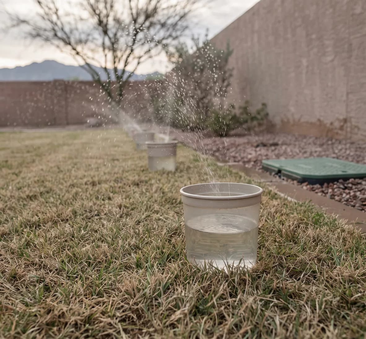 Plain catch cup holding a shallow depth of water in short turf with spray droplets falling into it and a row of identical cups out of focus behind